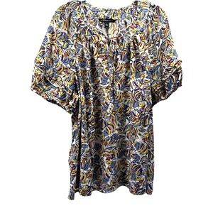 Zac & Rachel Women's Top Size 2X Plus Colorful Artsy Puff Ruffle Sleeves Tie